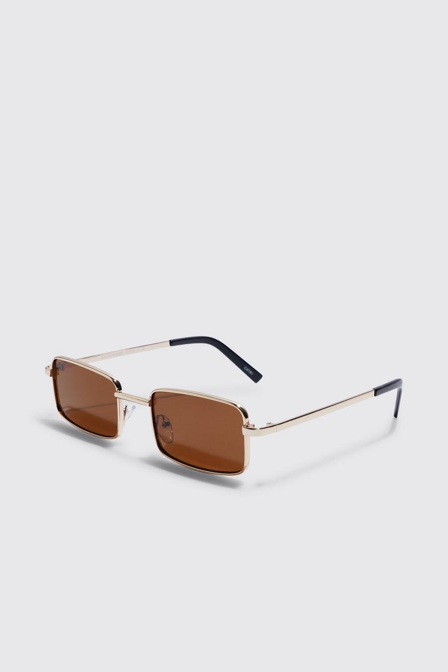 Brown Metal Rectangular Sunglasses
