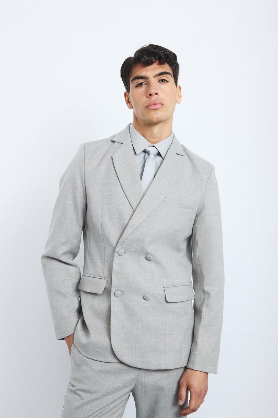 Grey Window Check Double Breasted Slim Fit Blazer