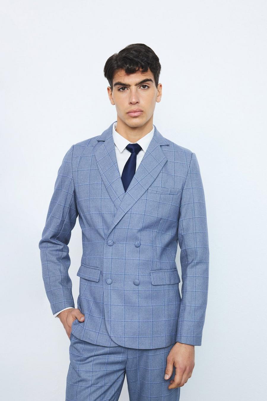Blue Window Check Double Breasted Slim Fit Blazer