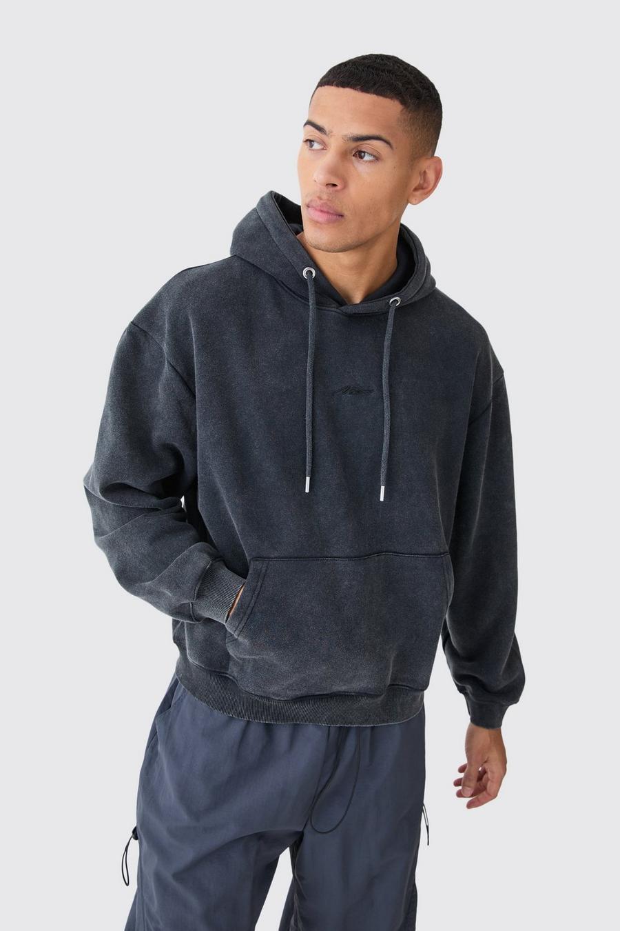Charcoal MAN Oversize hoodie med stentvättad effekt image number 1