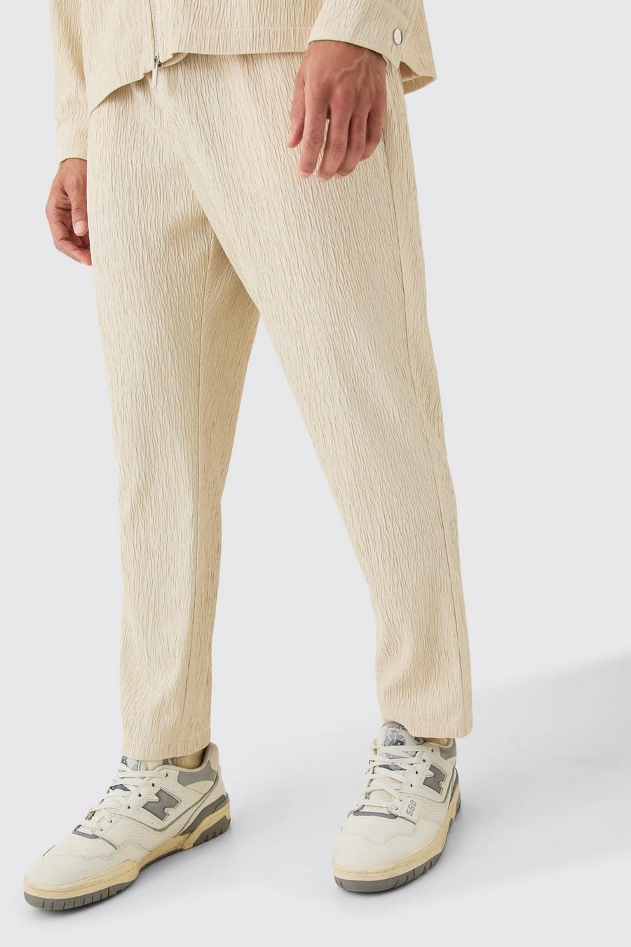 Pantalón texturizado ajustado elegante de raso, Ecru