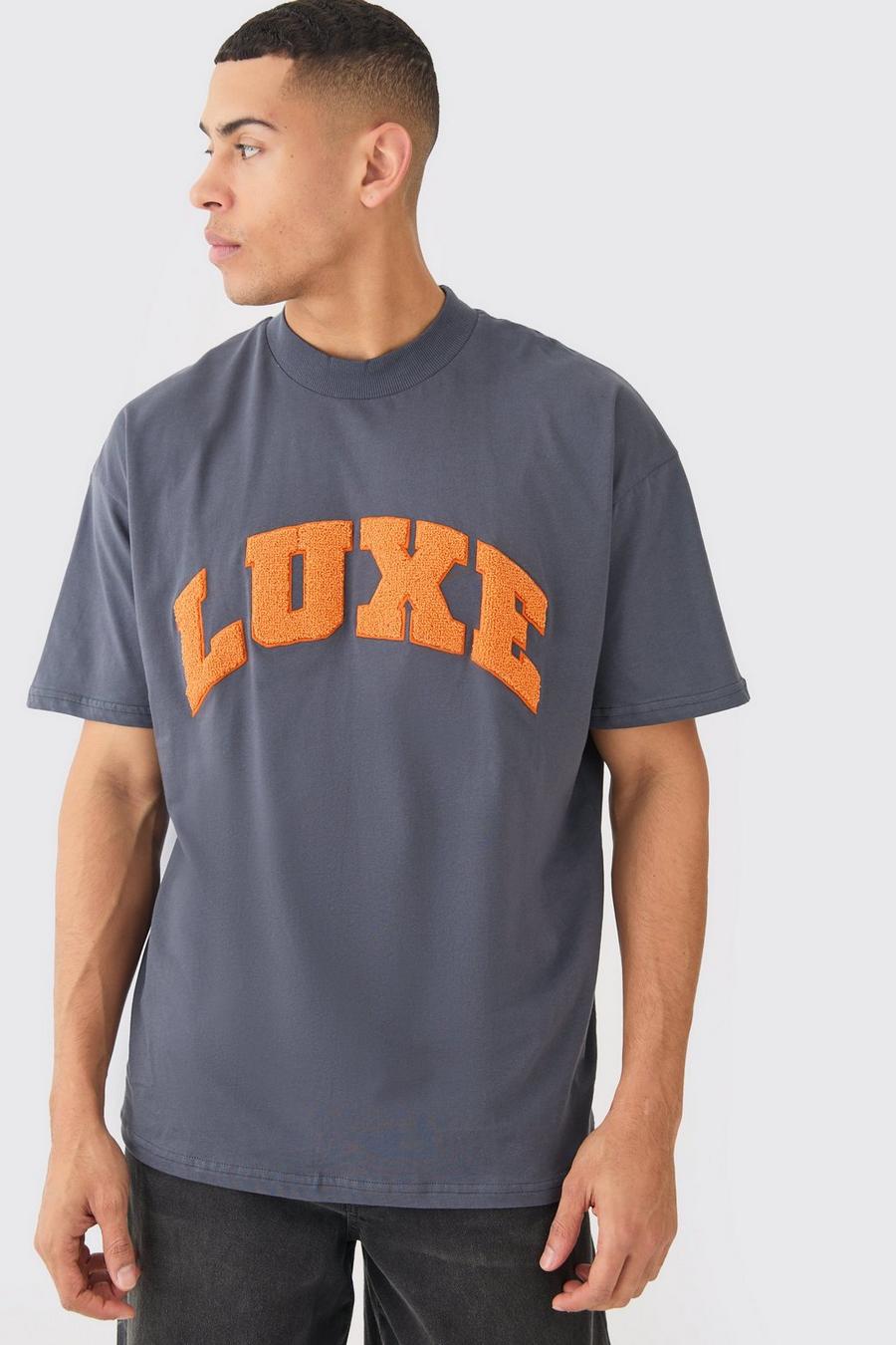 Charcoal Oversized Extended Neck Varsity Applque T-shirt