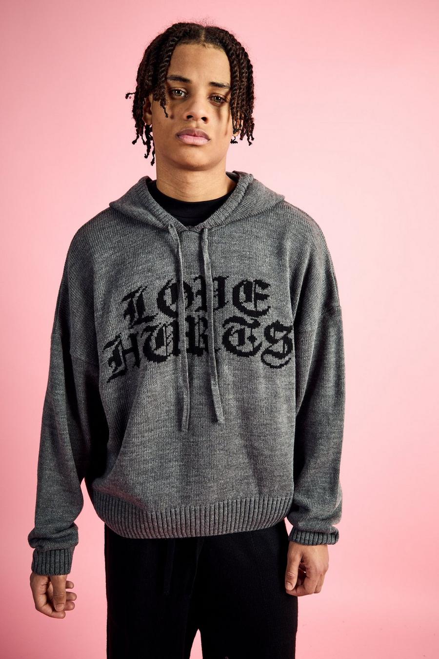 Charcoal Boxy Knitted Hoodie With Gothic Font Graphic