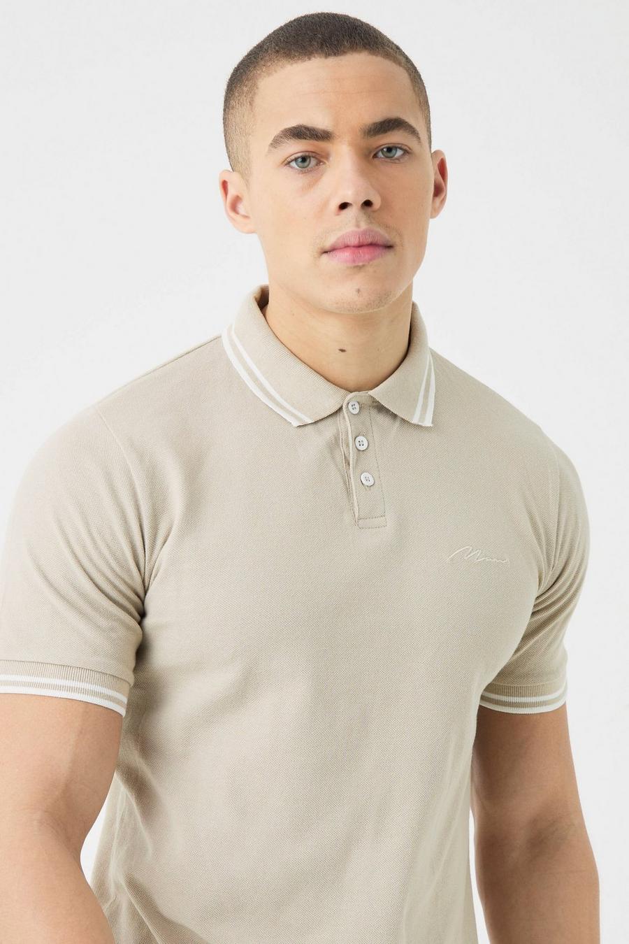Sand Slim Fit Man Signature Tipped Pique Polo