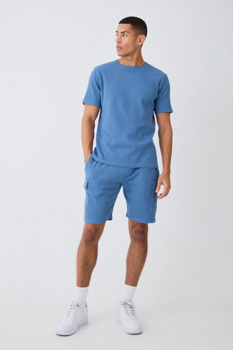 Slate blue Wafel Gebreid Slim Fit T-Shirt En Cargo Shorts Set