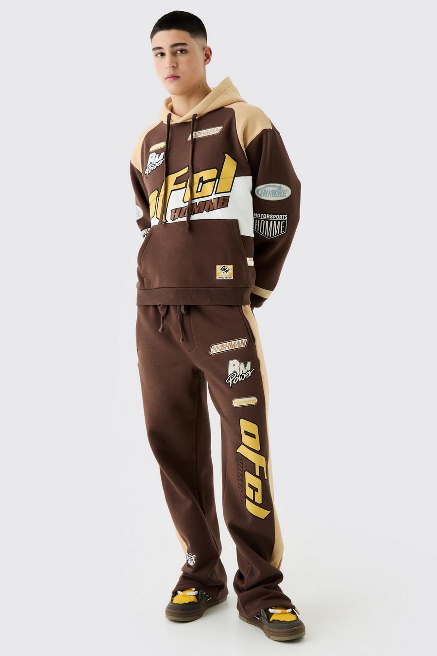 Brown Oversized Boxy Applique Moto Hooded Tracksuit