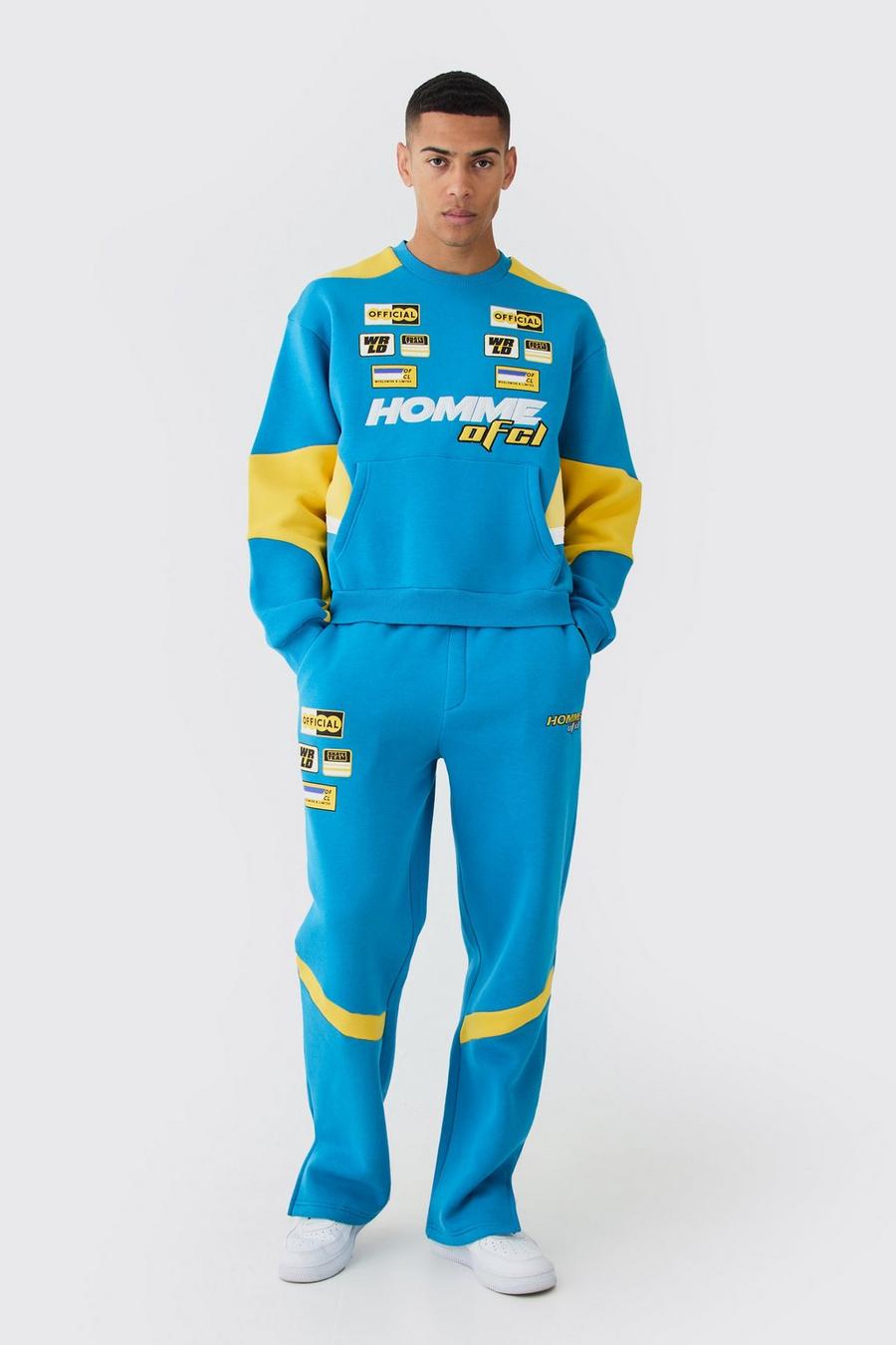 Kastiger Oversize Sweatshirt-Trainingsanzug mit Moto-Applikation, Cobalt image number 1