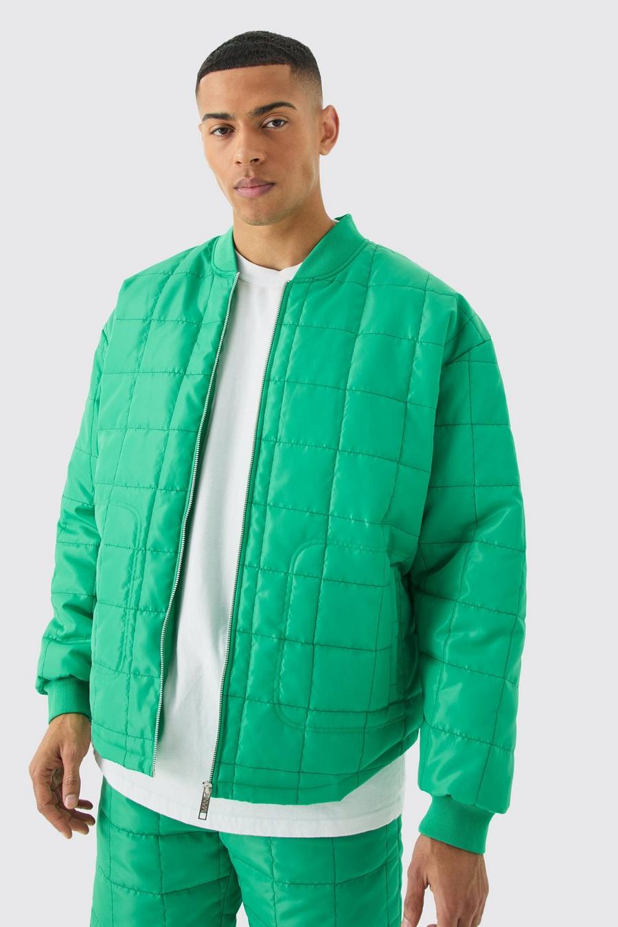 Green Square Quilted  Oversized Pocket Bomber Jacket