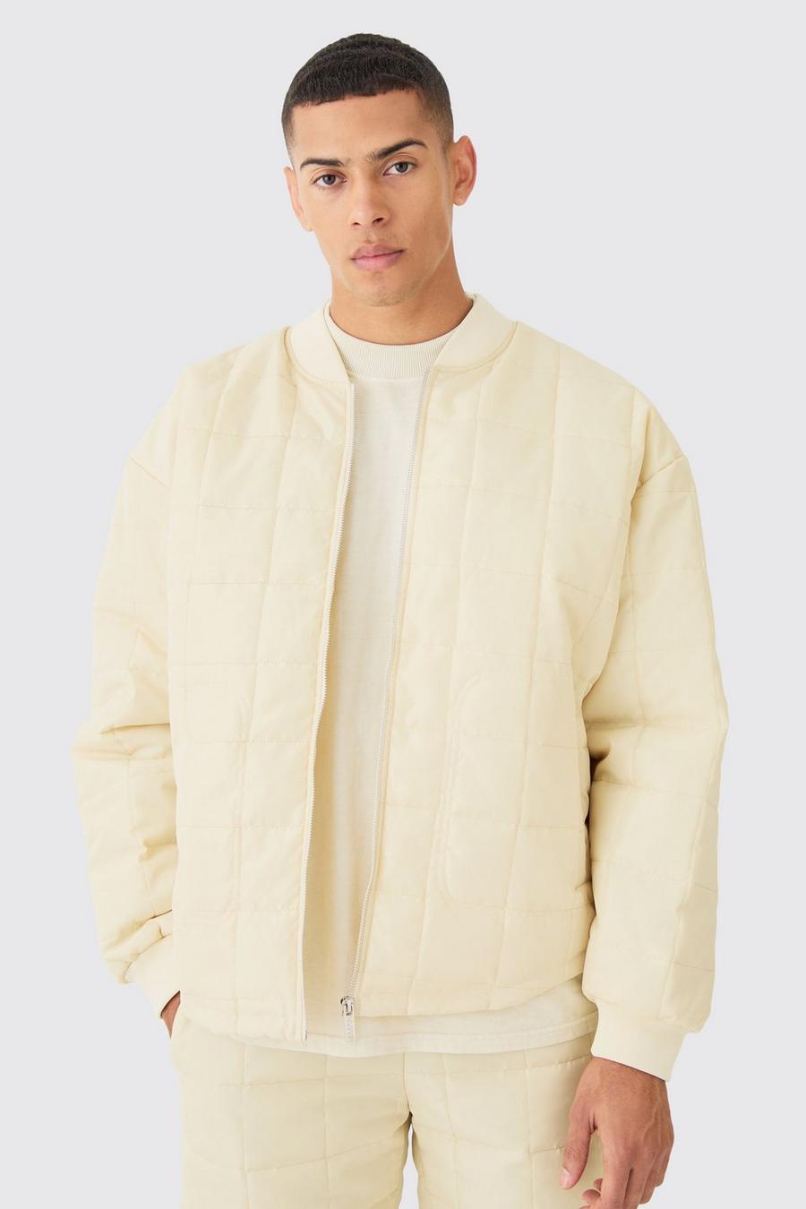 Off white Square Quilted  Oversized Pocket Bomber Jacket