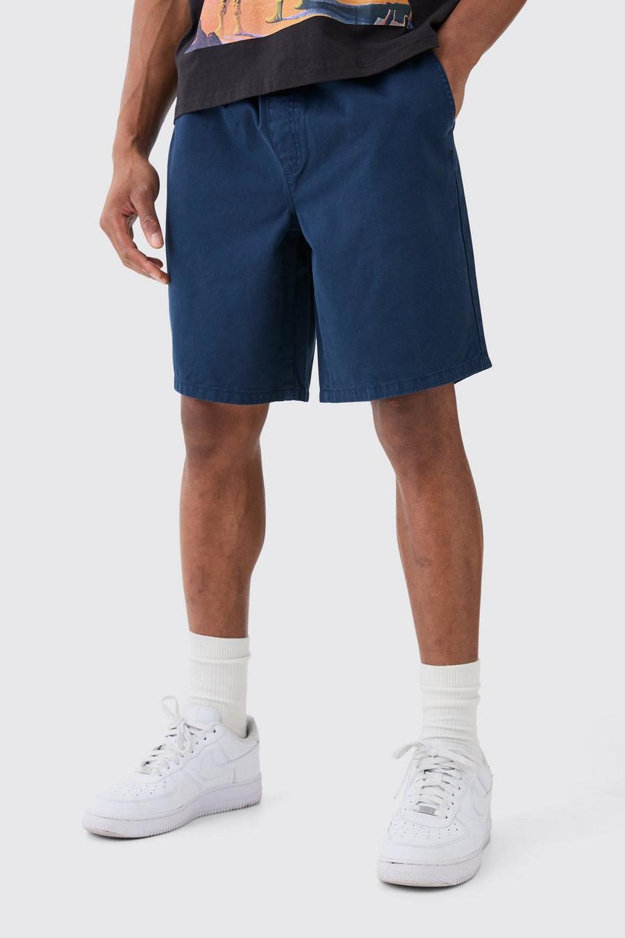 Relaxed Fit Elastic Waist Chino Shorts in Navy