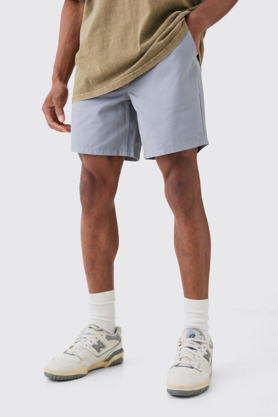 Shorter Length Relaxed Fit Elastic Waist Chino Shorts in Grey