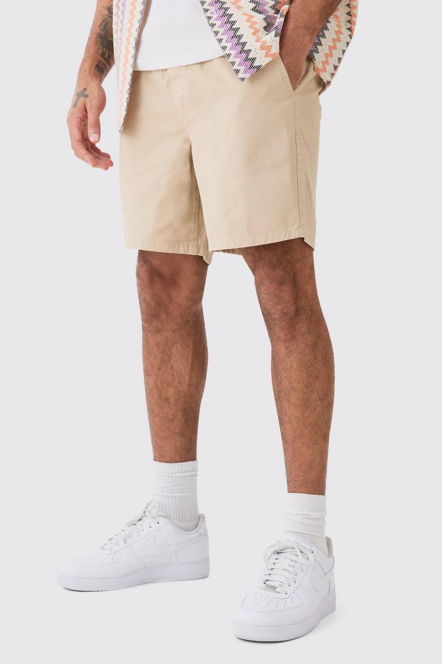 Shorter Length Relaxed Fit Elasticated Waist Chino Shorts in Stone