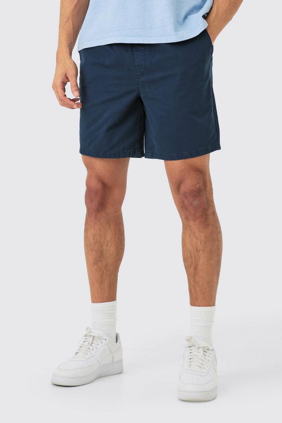 Shorter Length Relaxed Fit Elastic Waist Chino Shorts in Navy