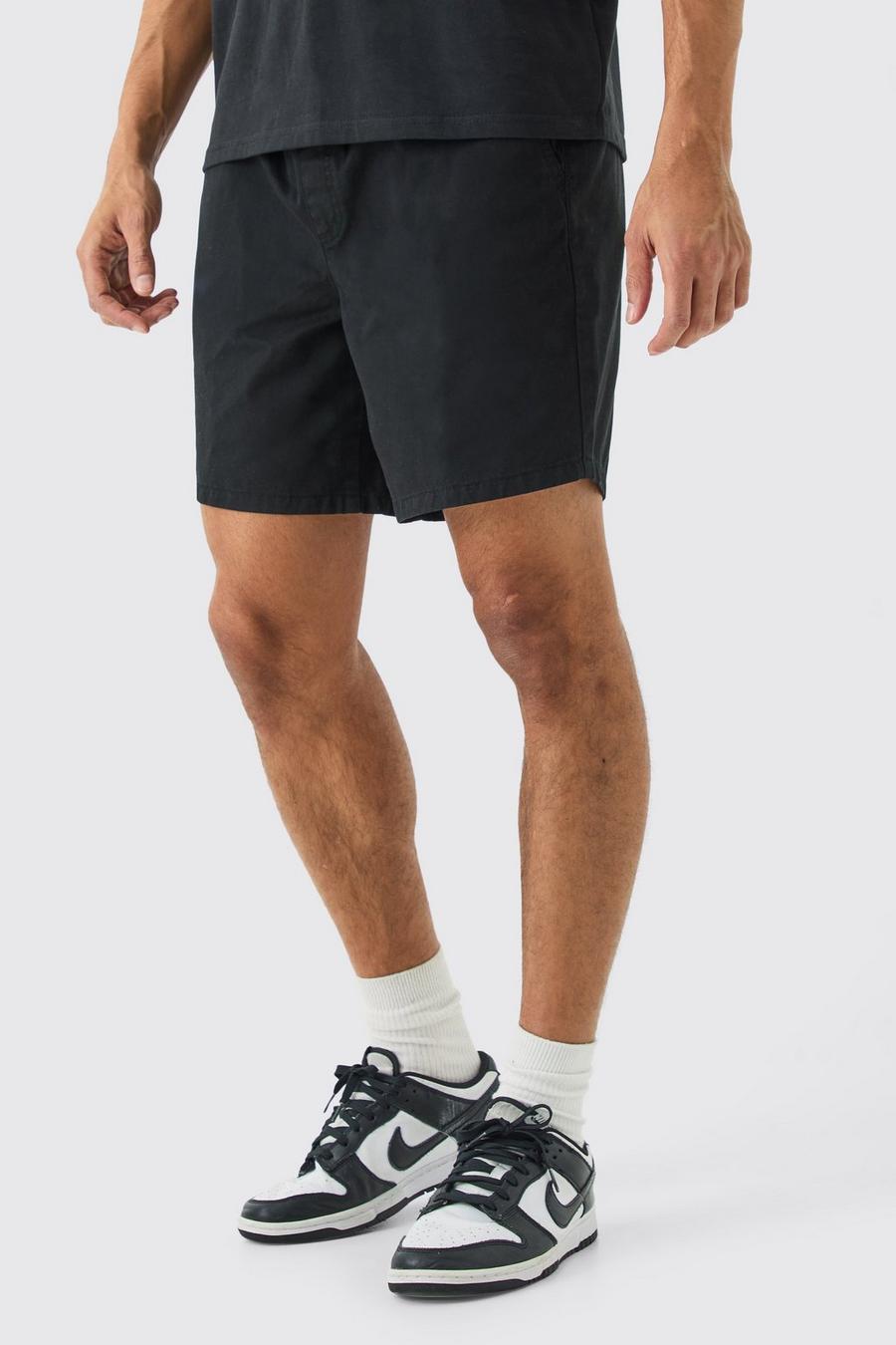 Shorter Length Relaxed Fit Elastic Waist Chino Shorts in Black image number 1