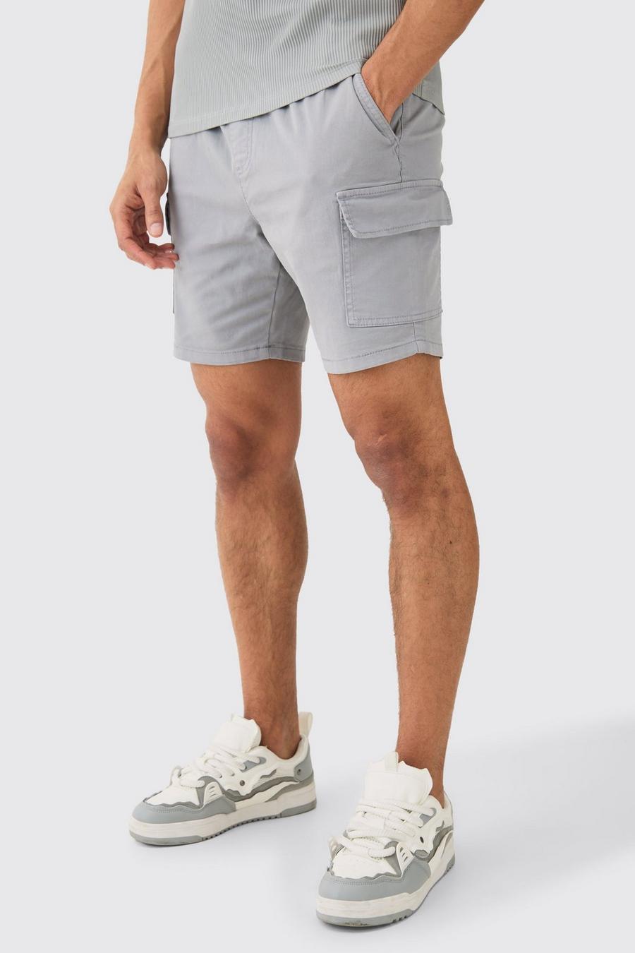 Skinny Fit Elasticated Waist Cargo Shorts in Grey