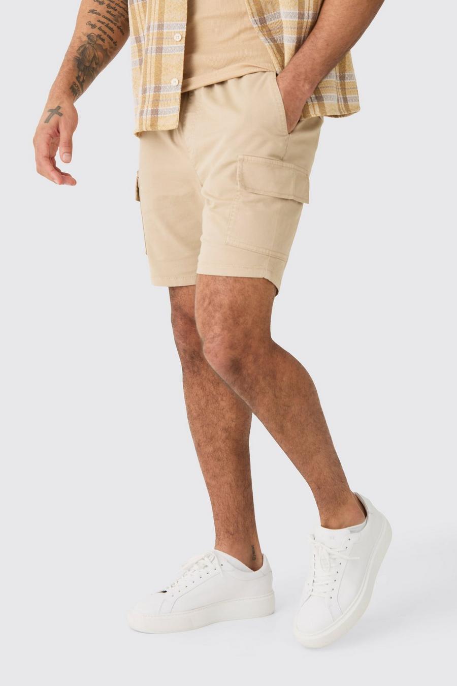 Skinny Fit Elasticated Waist Cargo Shorts in Stone