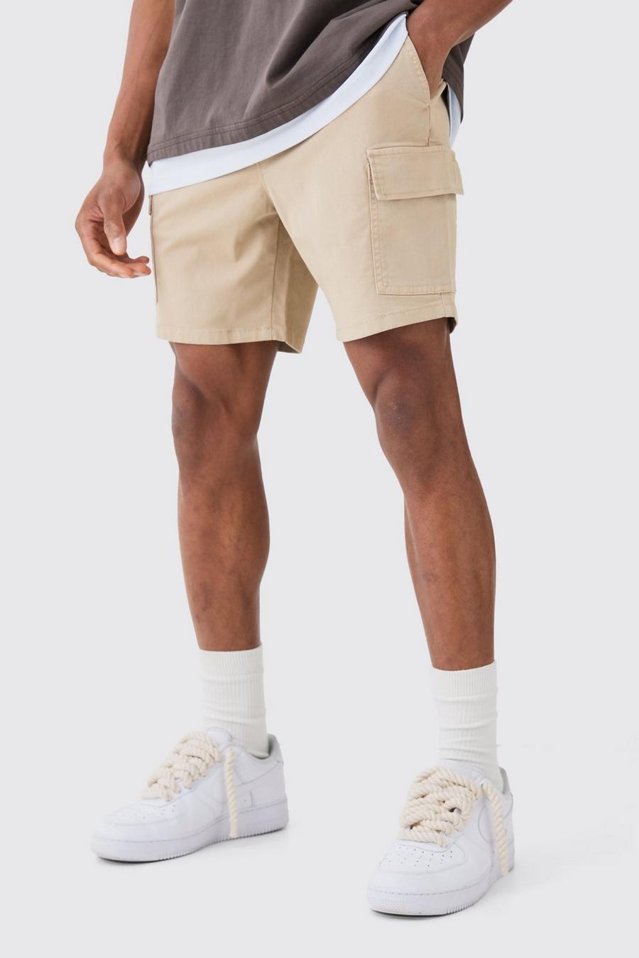 Stone Slim Fit Elasticated Waist Cargo Shorts