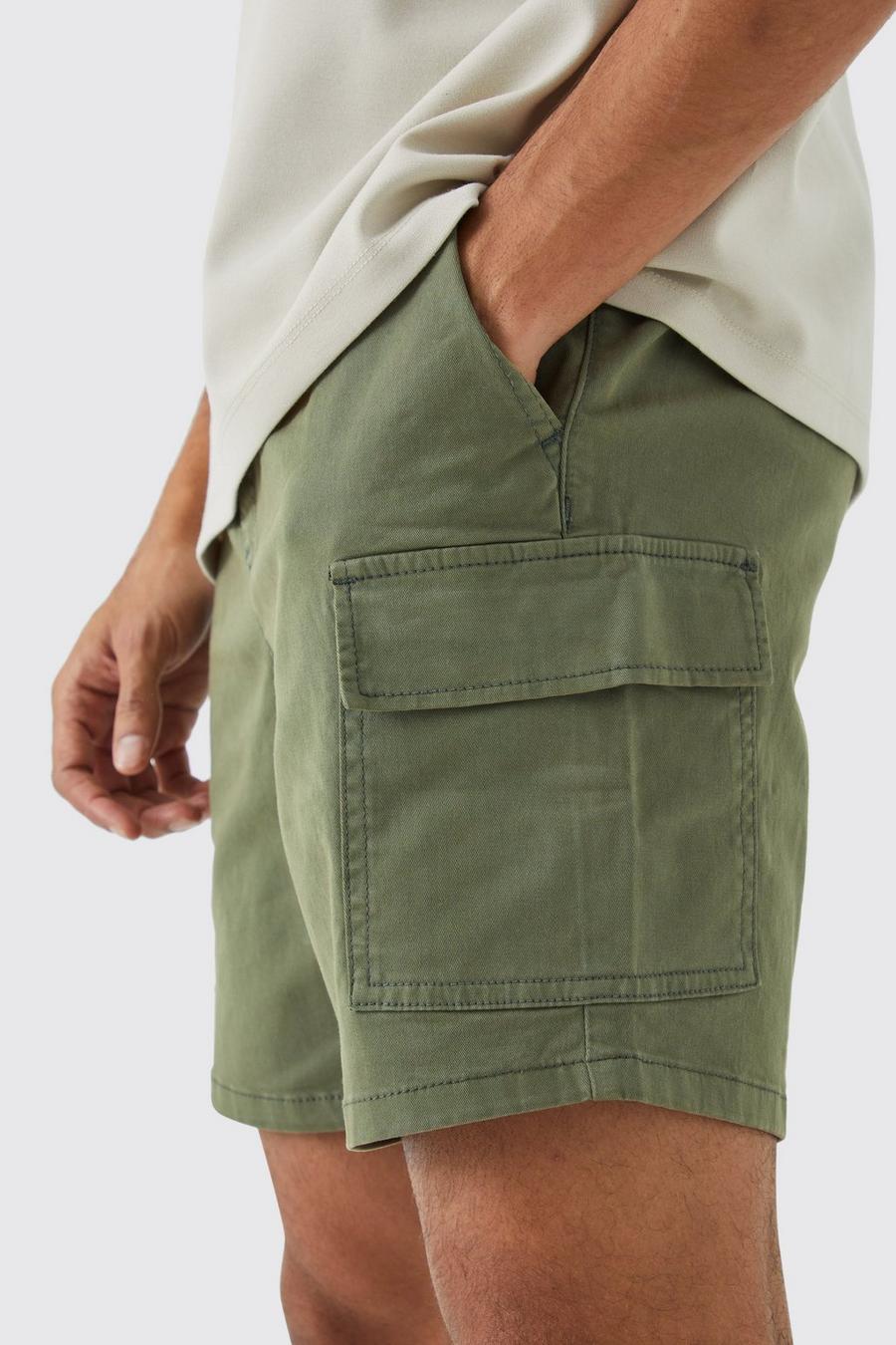 Khaki Slim Fit Elastic Waist Cargo Shorts
