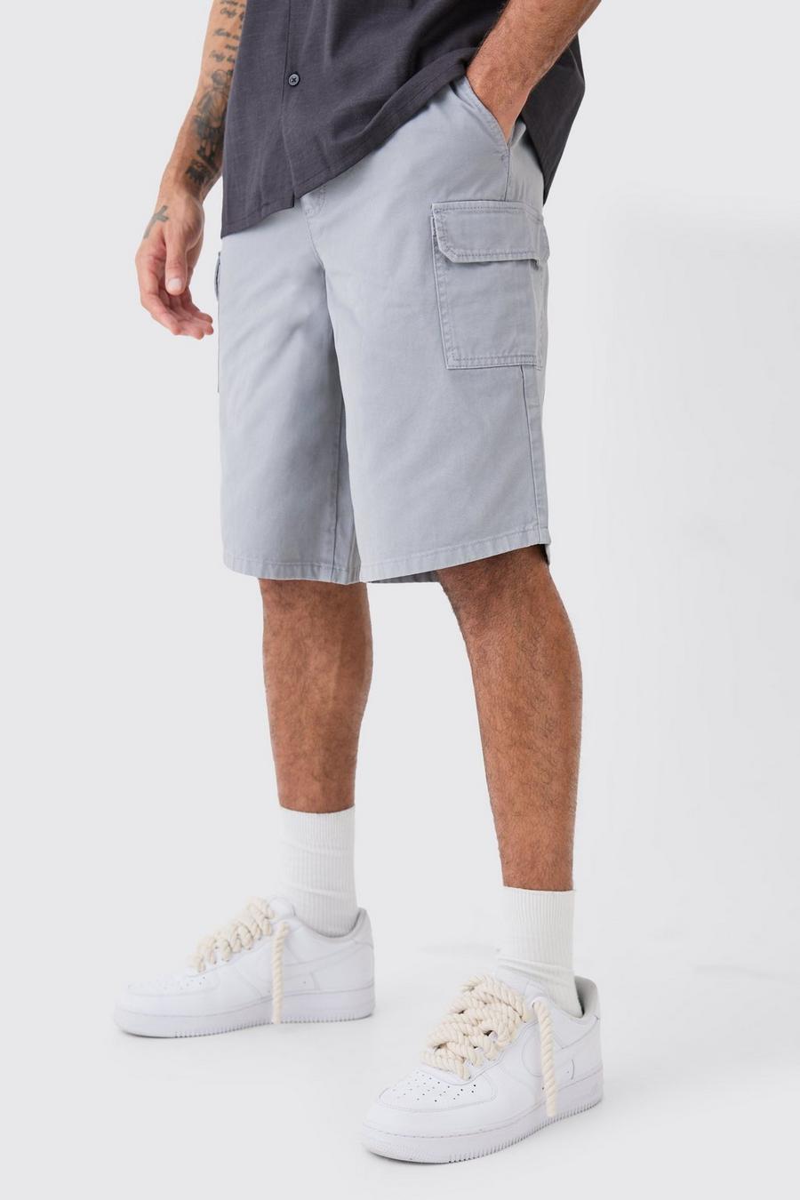 Grey Longer Length Relaxed Fit Elastic Waist Cargo Shorts image number 1
