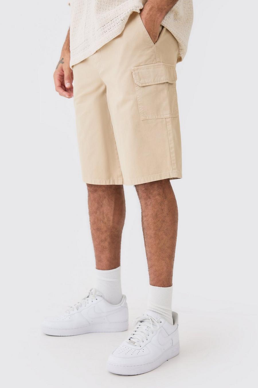 Stone Longer Length Relaxed Fit Elasticated Waist Cargo Shorts image number 1