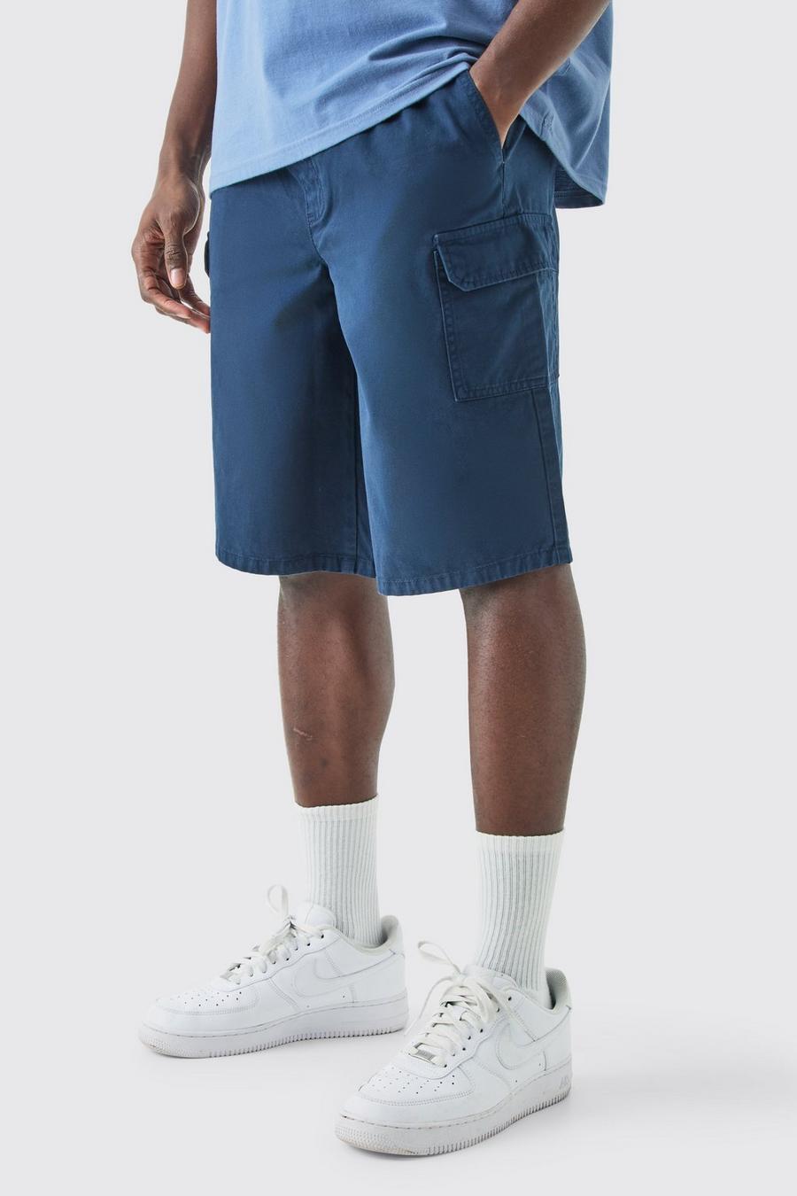 Navy Longer Length Relaxed Fit Elastic Waist Cargo Shorts image number 1