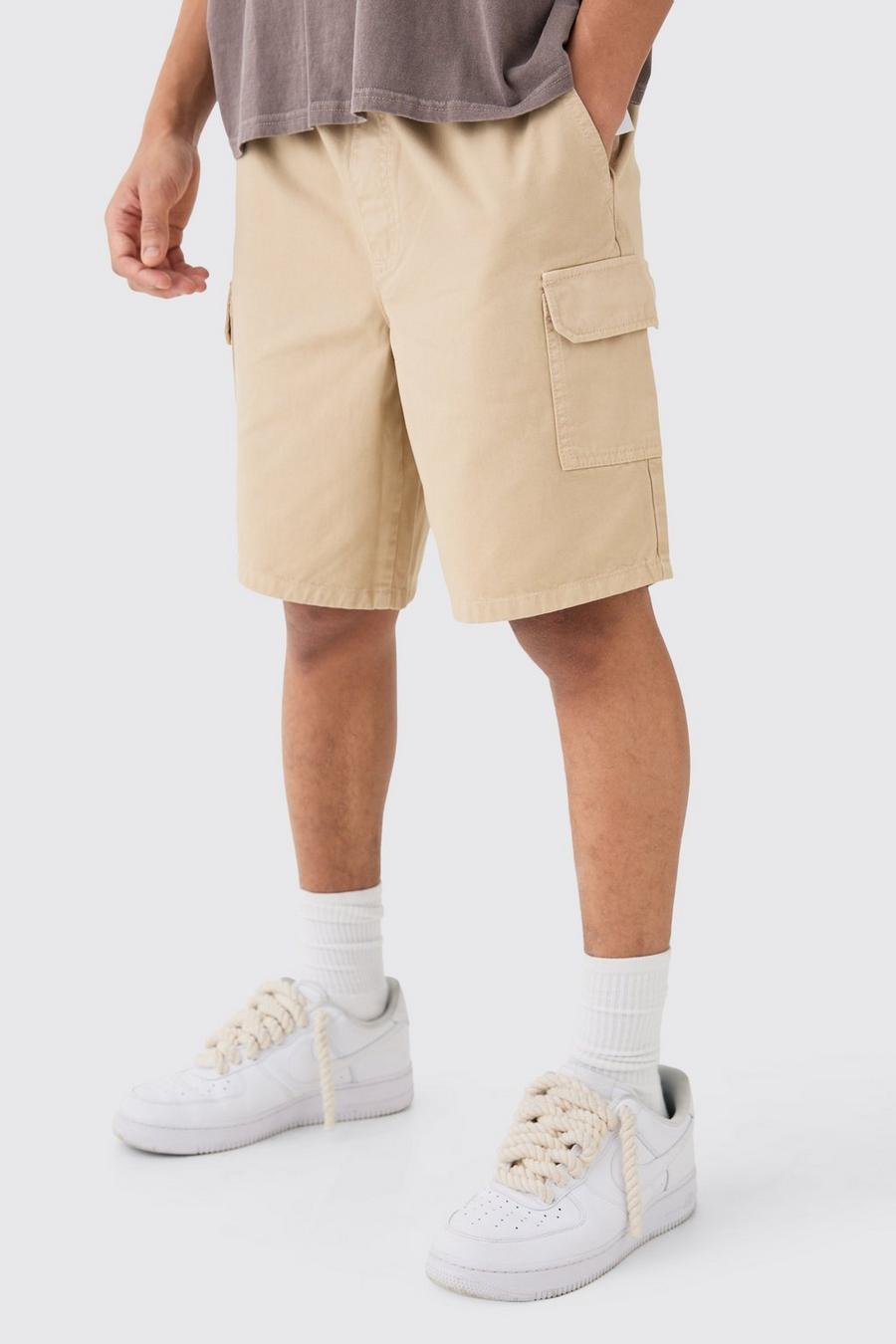 Stone Relaxed Fit Elastic Waist Cargo Shorts image number 1