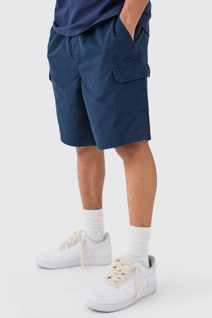 Navy Relaxed Fit Elastic Waist Cargo Shorts image number 1
