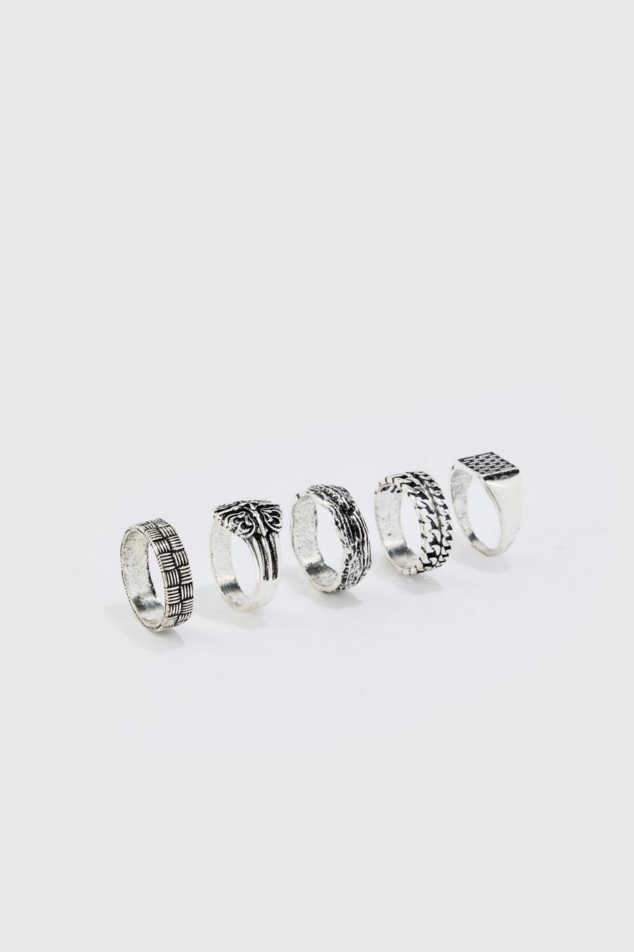 Silver 5 Pack Chunky Rings image number 1