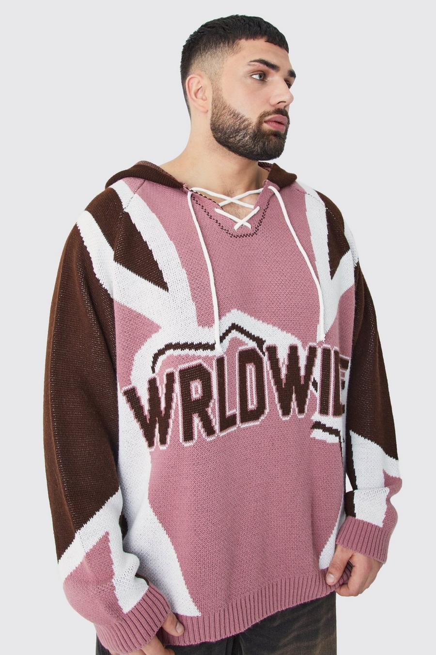Plus geschnürter Oversize Hockey-Pullover mit Kapuze, Pink