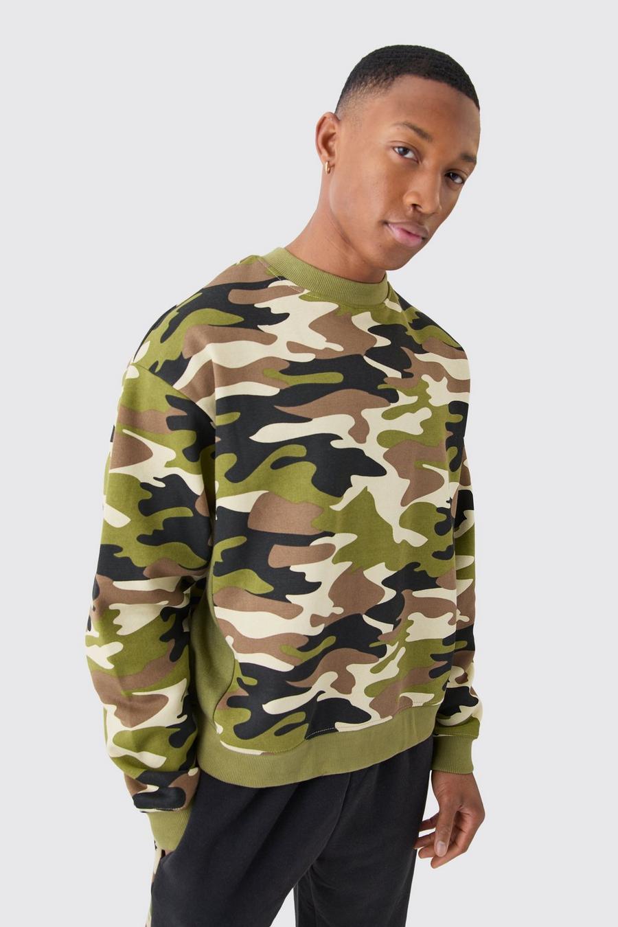 Khaki Oversized Boxy Camo Trui Met Brede Nek En Gusset Detail