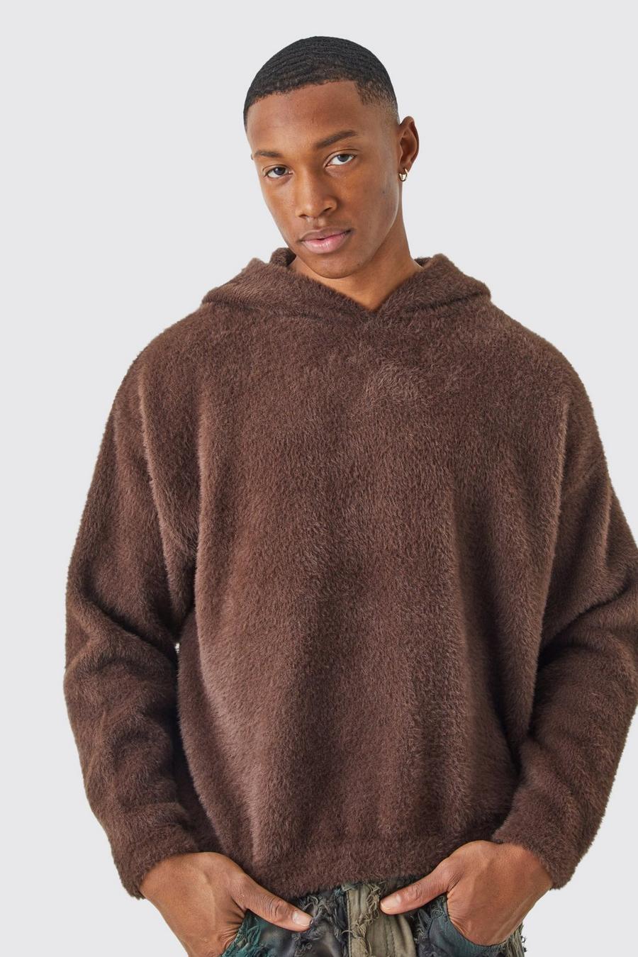 Chocolate Fluffig stickad hoodie i boxig modell image number 1