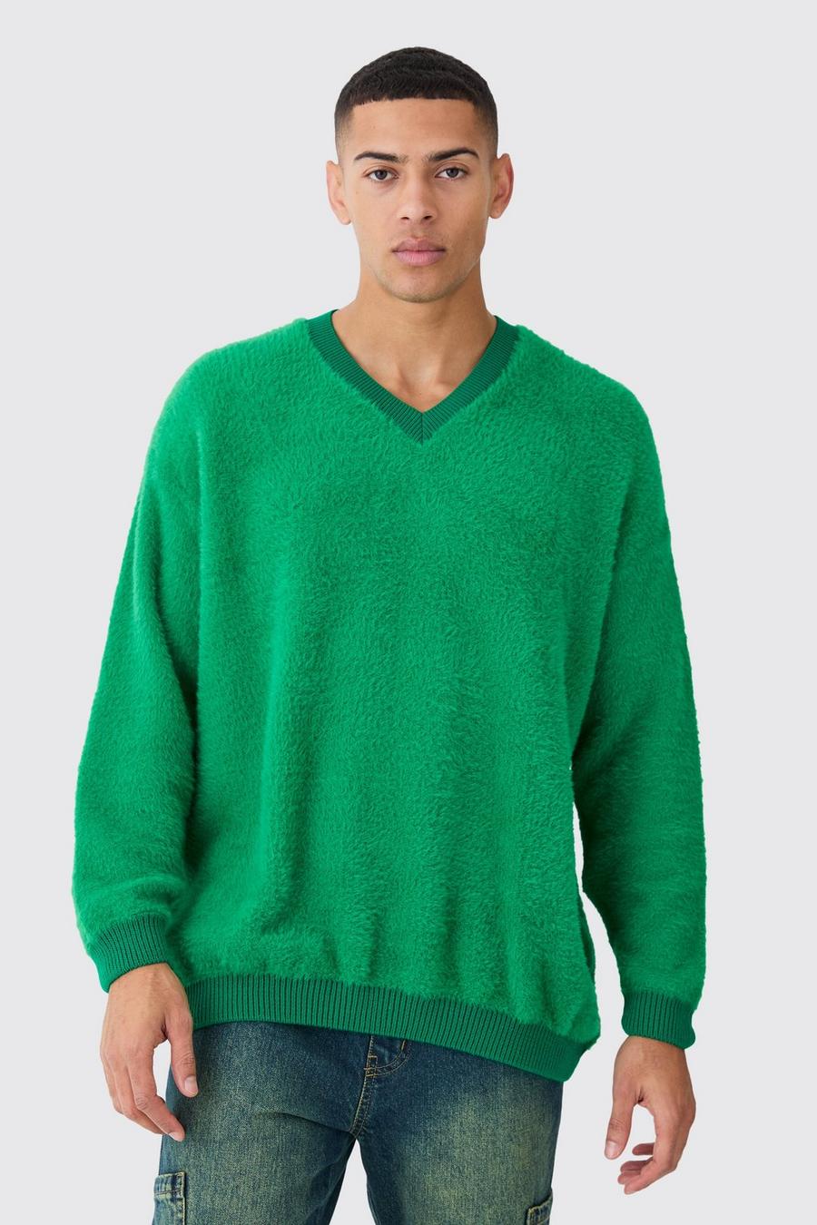 Maglione squadrato in maglia morbida con scollo a V a contrasto, Green