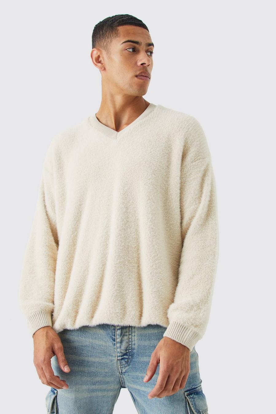 Kastiger flauschiger Kontrast-Pullover mit V-Ausschnitt, Stone