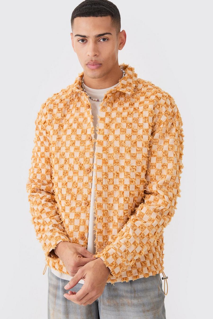 Sand Boxy Checkerboard Distressed Checked Overshirt