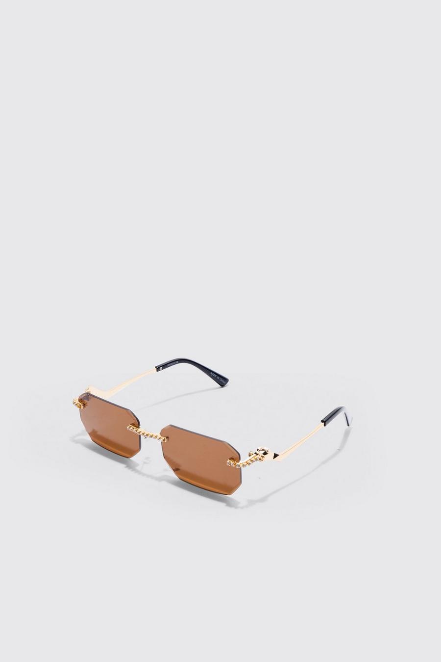 Brown Rectangular Rimless Sunglasses