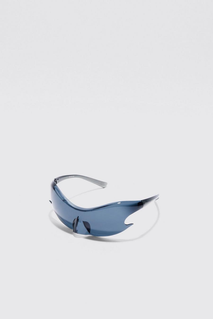 Gafas de sol de plástico sin montura estilo nadador con lentes de espejo, Black