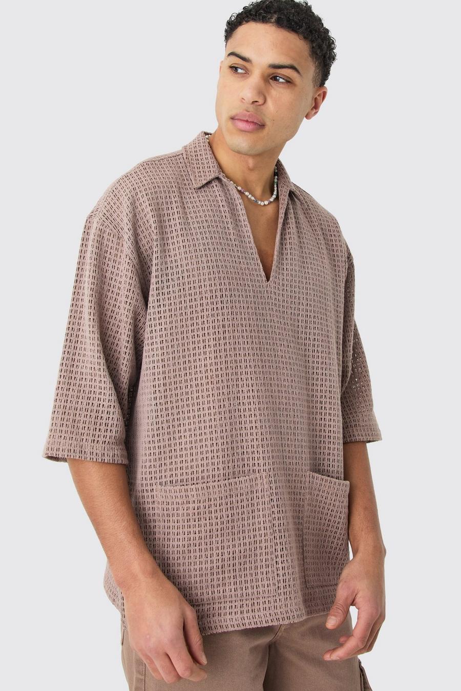 Taupe Open Weave Overhead V Neck Shirt