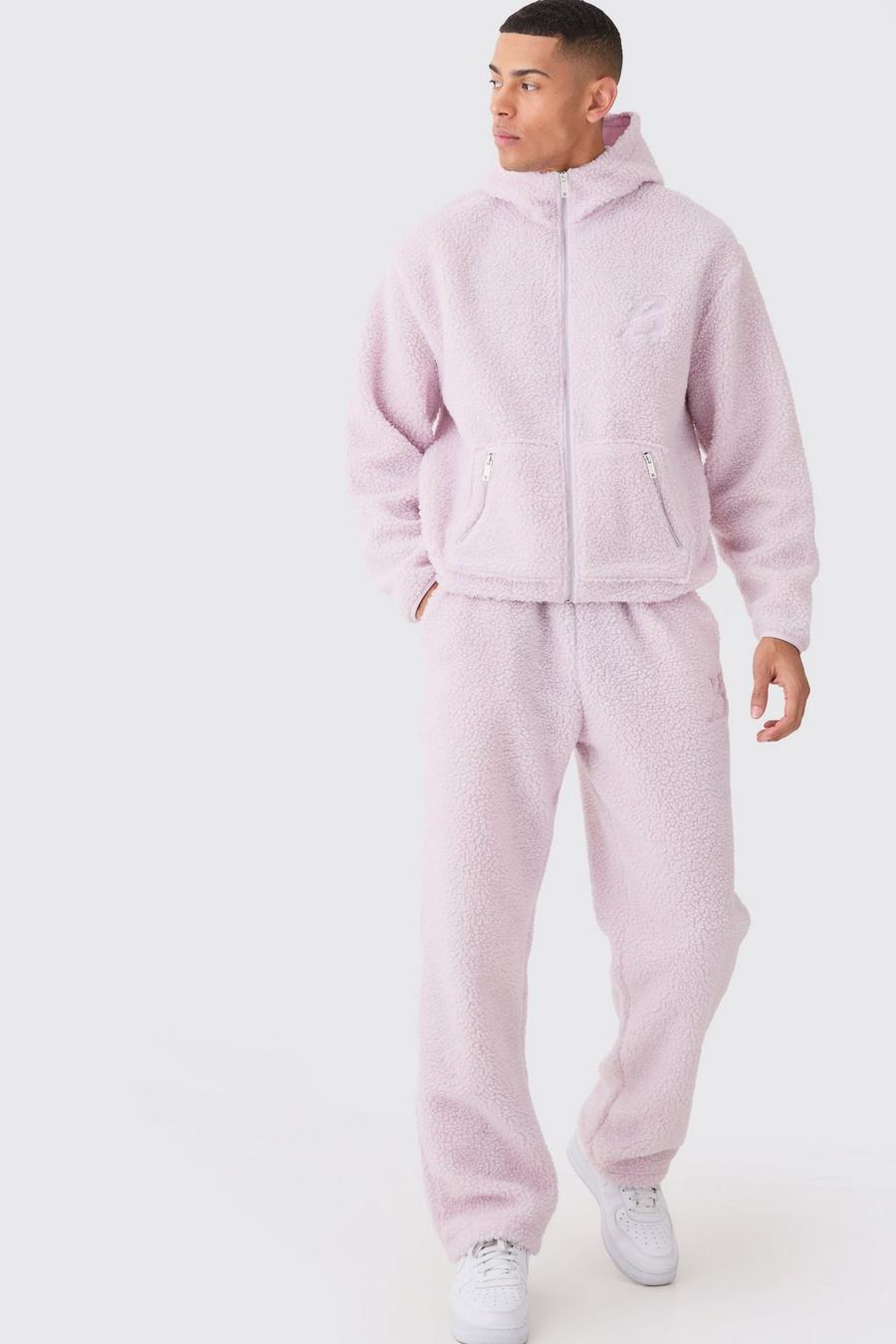 Light pink Oversized Boxy Zip Through Embroidered Hooded Tracksuit