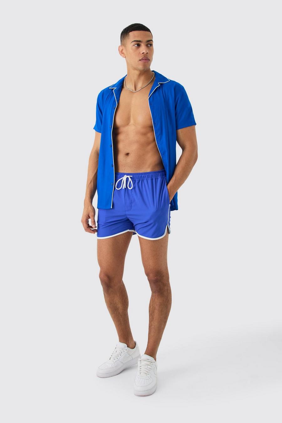 Blue Short Sleeve Plain Piping Shirt & Swim Set