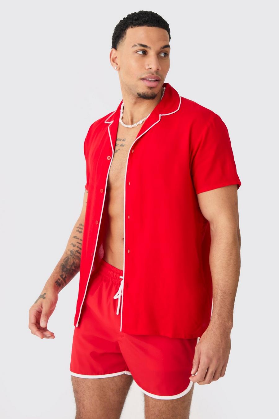 Red Short Sleeve Plain Piping Shirt & Swim Set image number 1