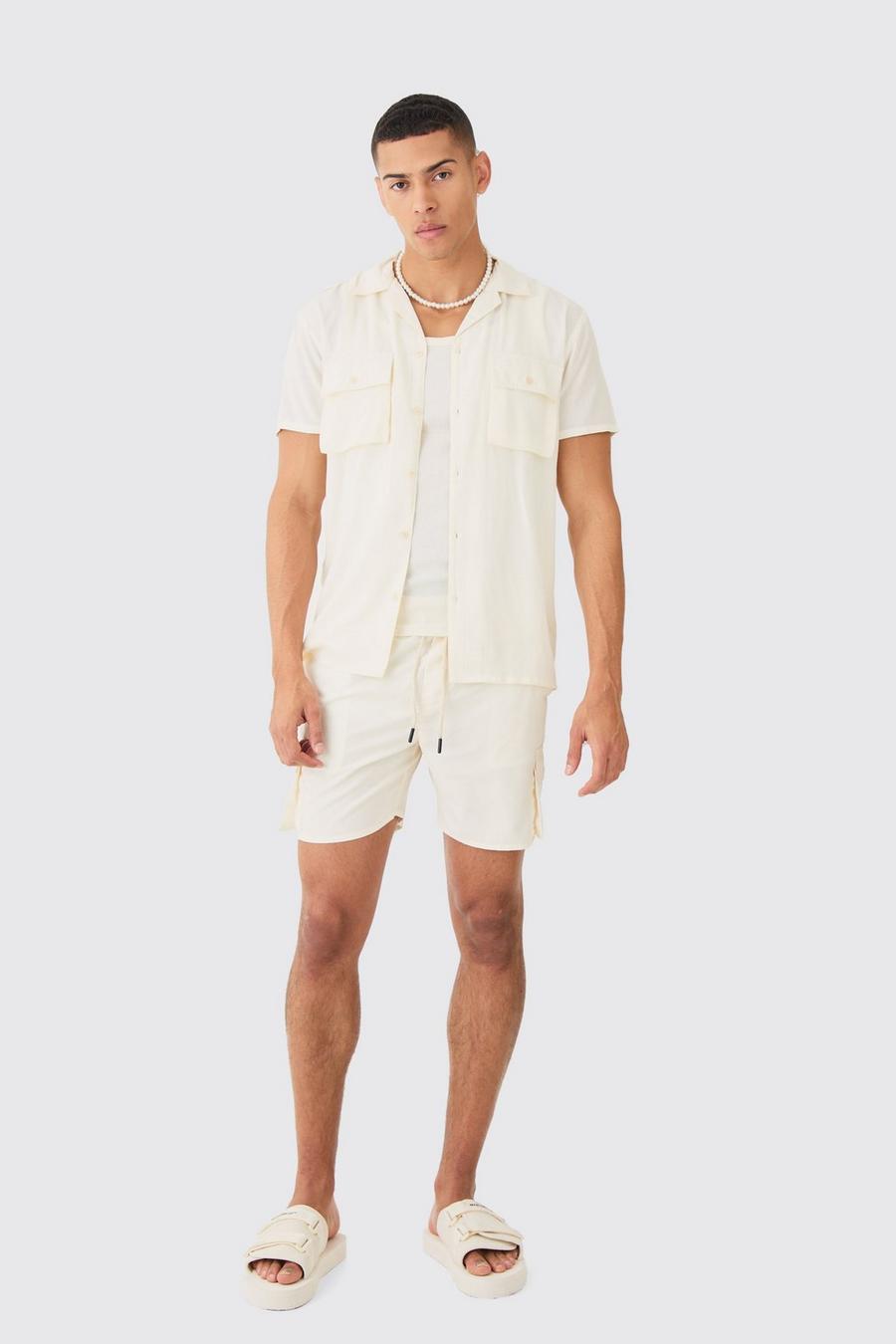 Ecru Short Sleeve Cargo Pocket Shirt & Swim Set
