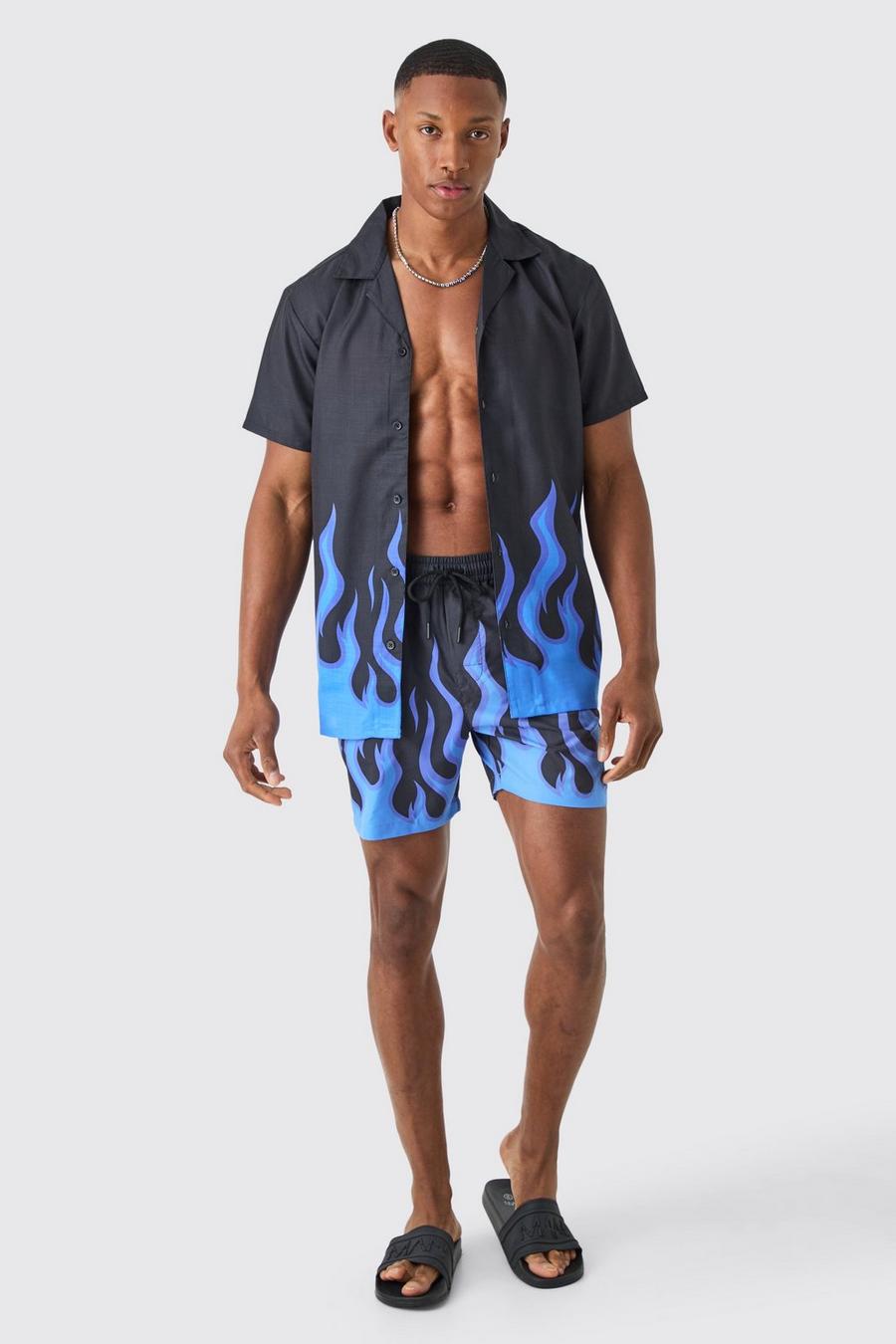 Purple Short Sleeve Printed Flame Shirt & Swim Set