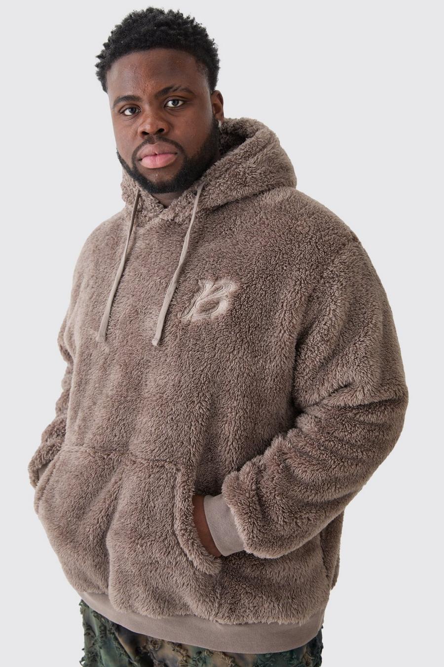 Taupe Plus Oversize hoodie i teddy med brodyr