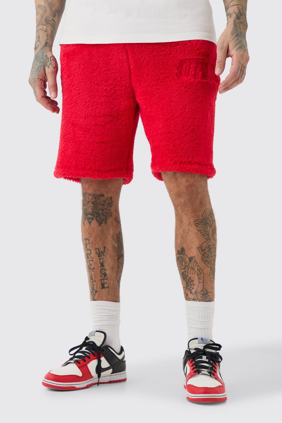 Red Tall Loose Mid Length Borg Shorts