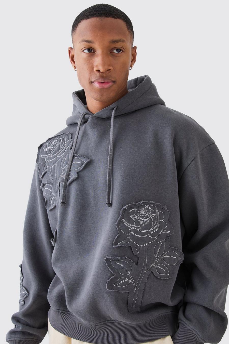 Charcoal Oversized Spray Wash Rose Embroidery Hoodie image number 1