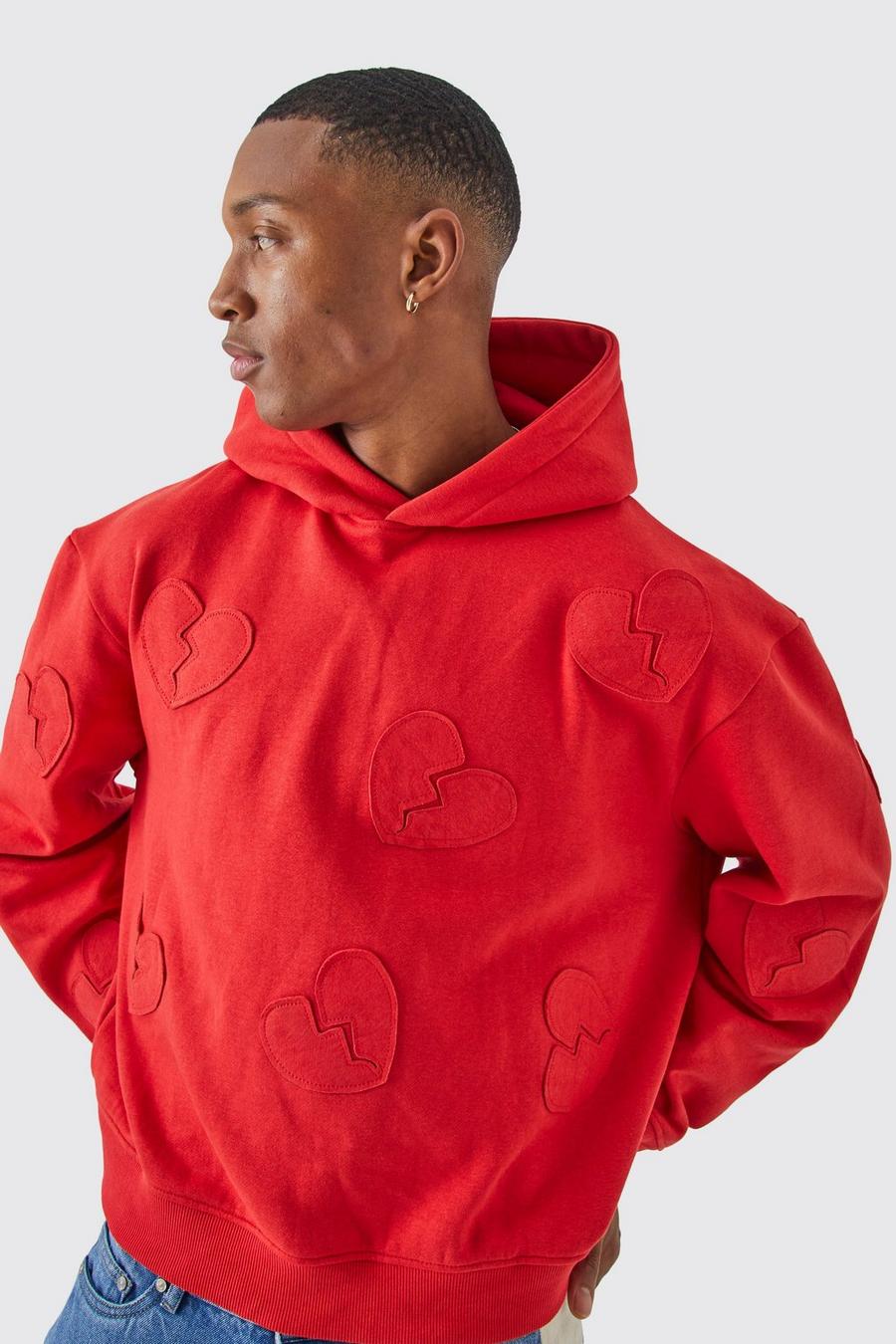 Red Oversized Boxy All Over Heart Applique Hoodie image number 1