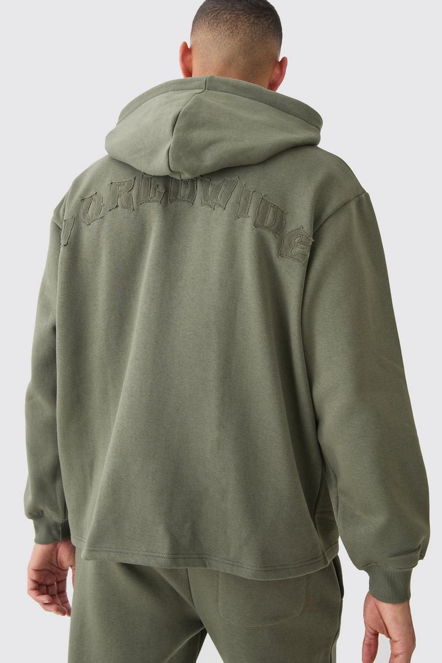 Khaki Oversized Zip Through Open Hem Applique Hoodie