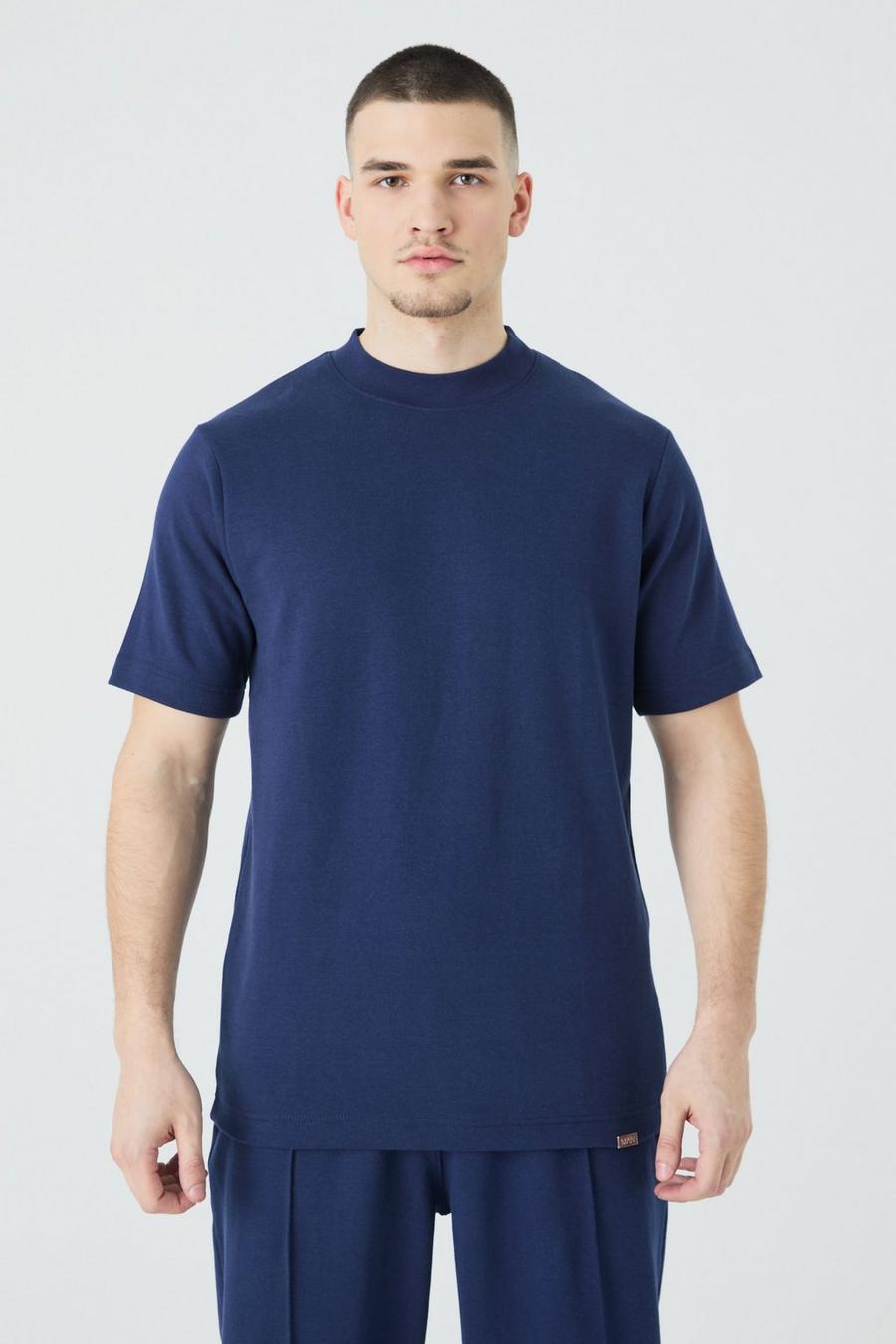 T-shirt Tall Slim Fit in maglia intrecciata pesante con girocollo esteso, Navy