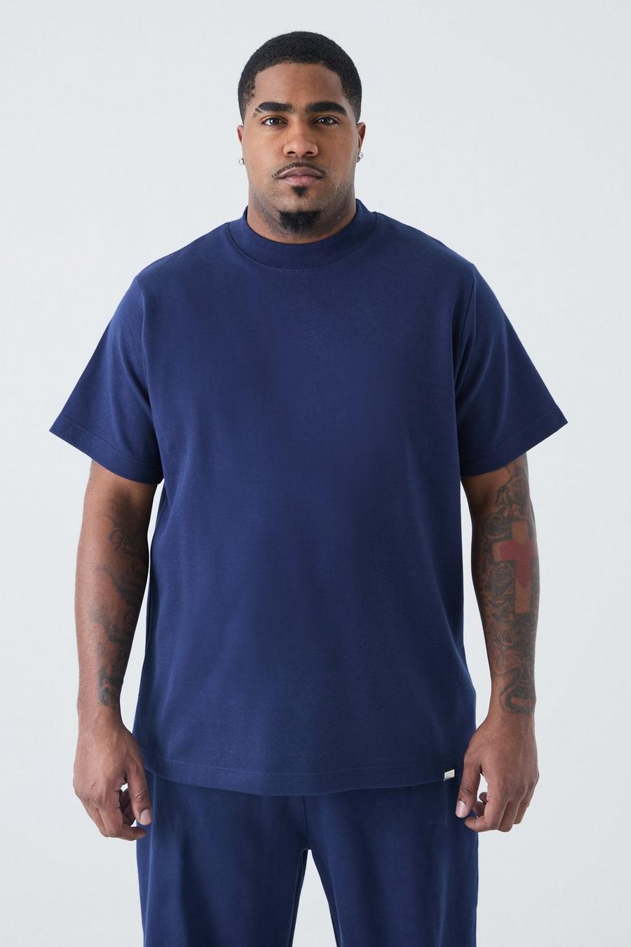 Navy Plus Zwaar Verweven Slim Fit T-Shirt Met Brede Nek
