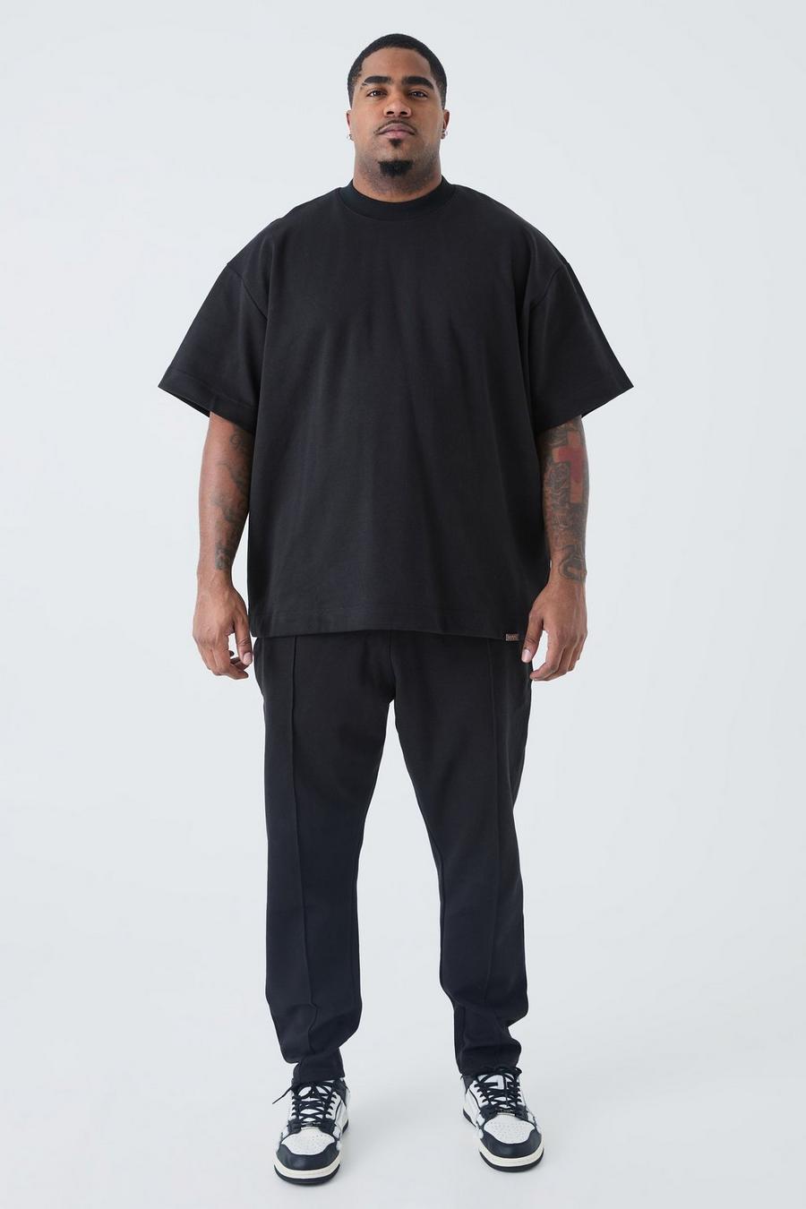Black Plus Oversized T-shirt & Taper Jogger Interlock Set